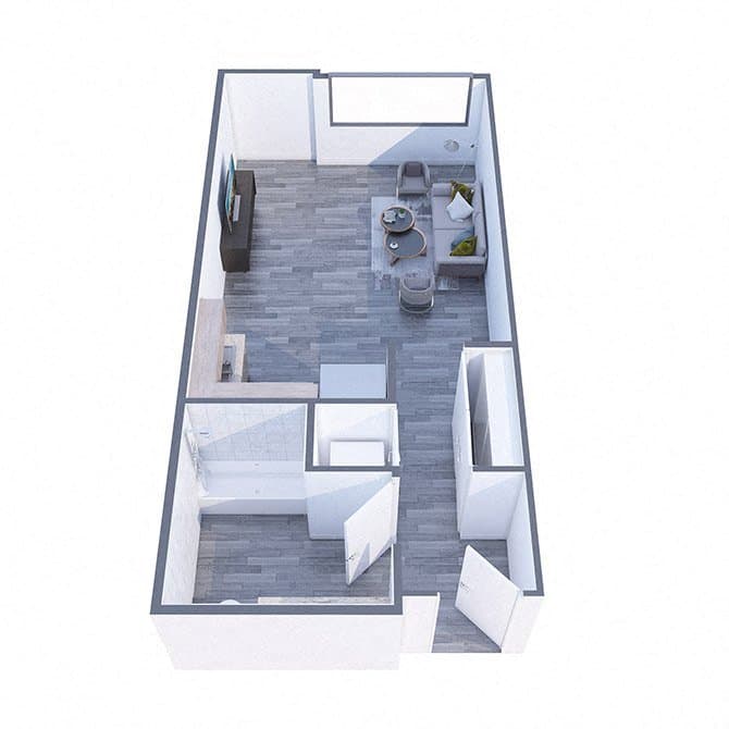 Floor plan of the Broadway, a studio home of 452 square feet