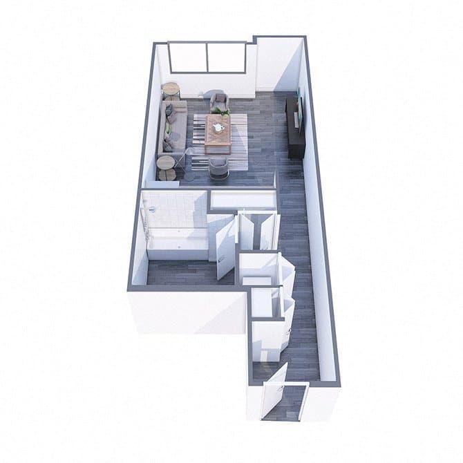 Floor plan of the Denny, a studio home of 518 square feet