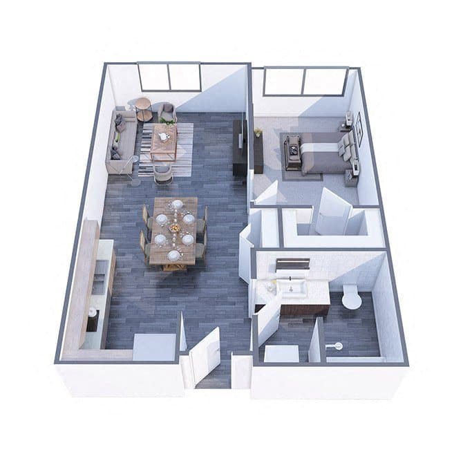 Floor plan of the Madison 2, a 1 bedroom home of 701 square feet