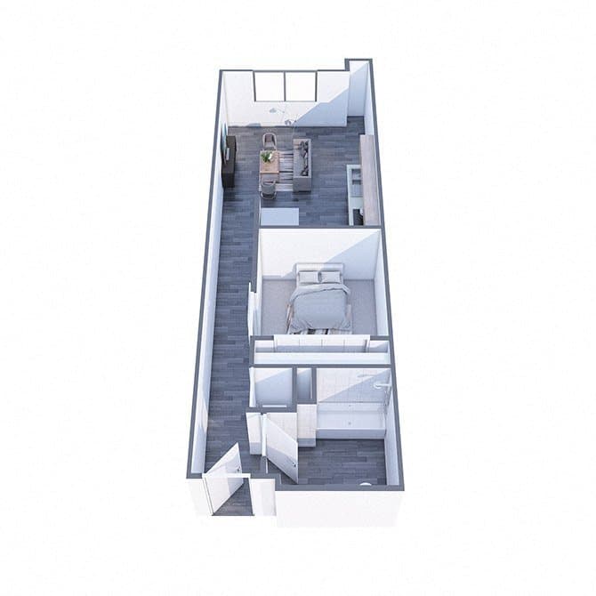 Floor plan of the Pike, a 1 bedroom home of 525 square feet